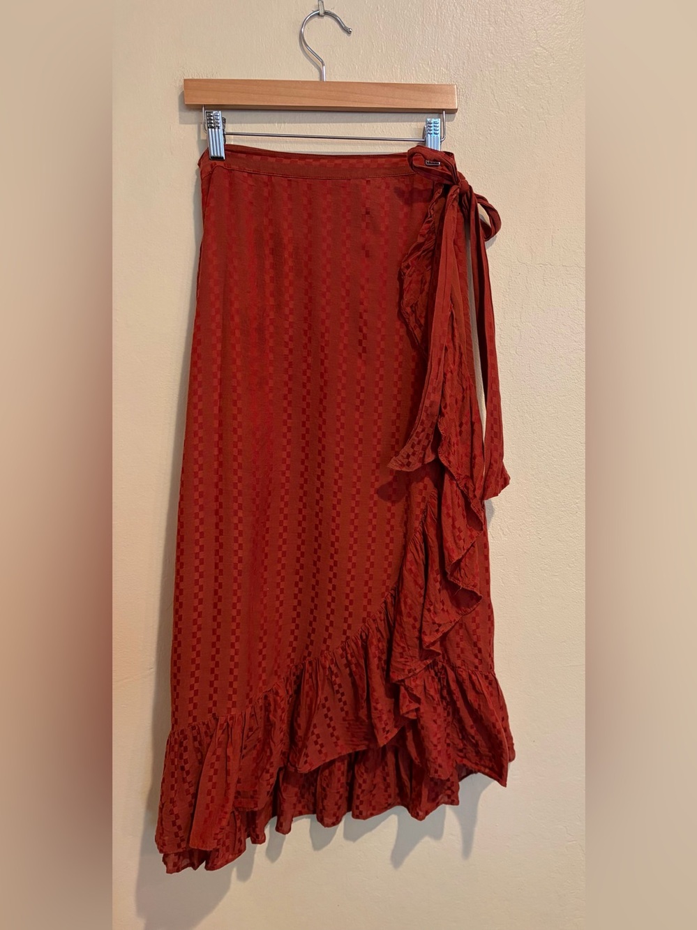 Kookai Rust Red Asymmetrical Ruffle Wrap Skirt, Wench & Western Vibes